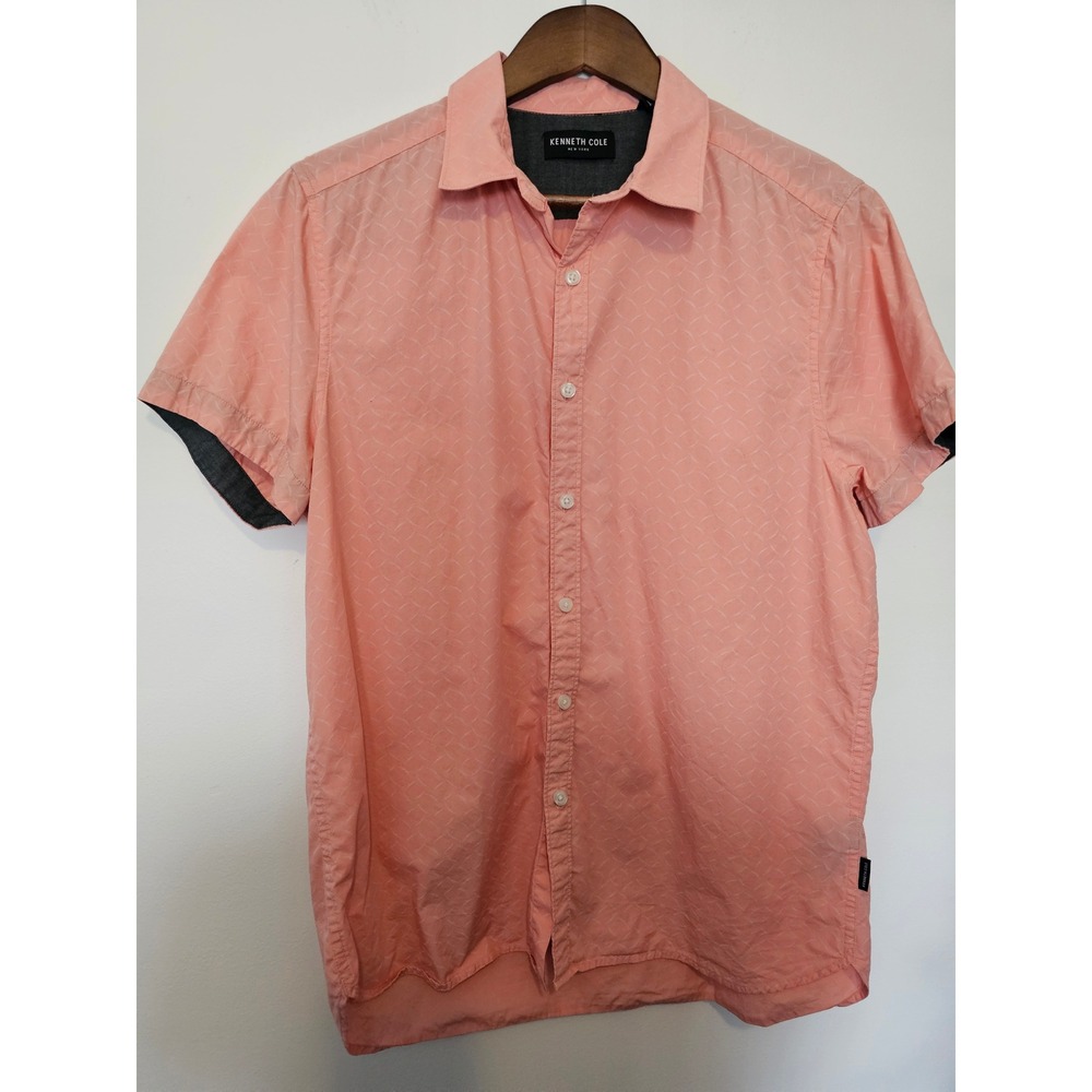 SummerCoastal Kenneth Cole Button Down Shirt Men L Salmon Geometric Short Sleeve